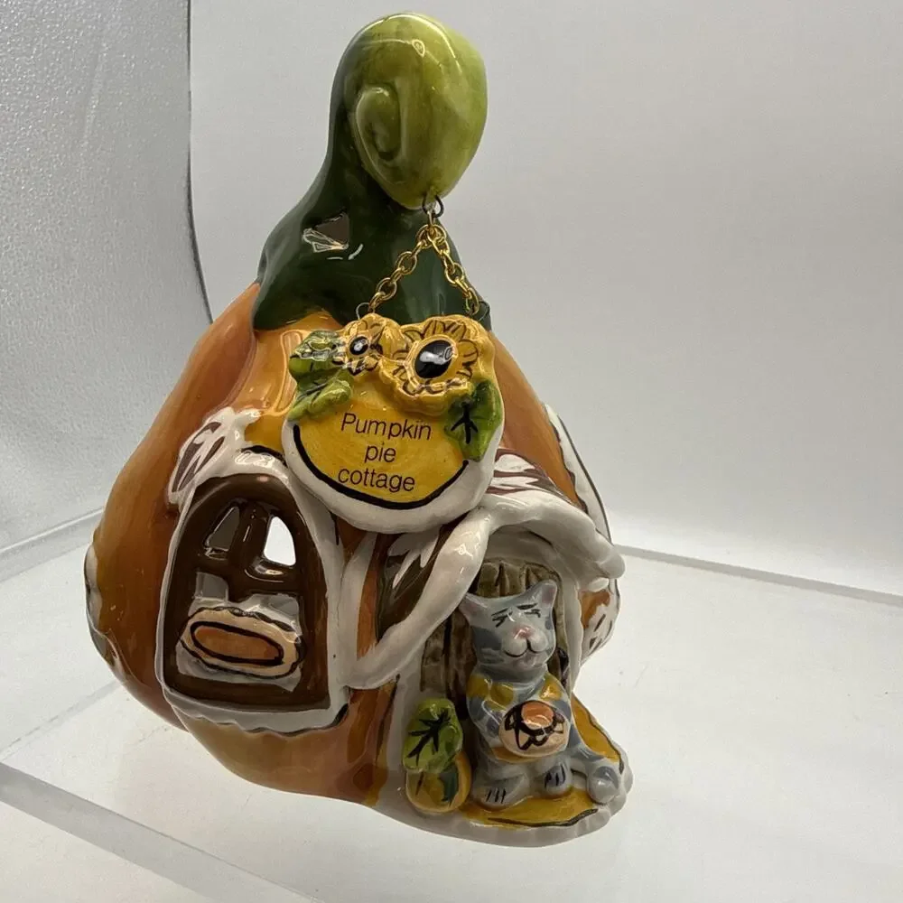 Blue Sky Clayworks Pumpkin Pie Cottage Cat Kitty House Tealight Candle Holder